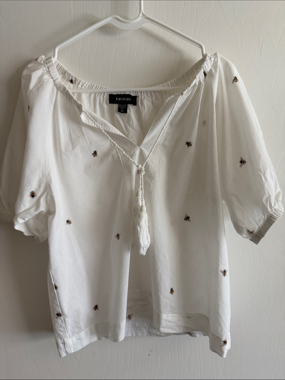 Karen Kane White Tassel Honey Bee Peasant Blouse